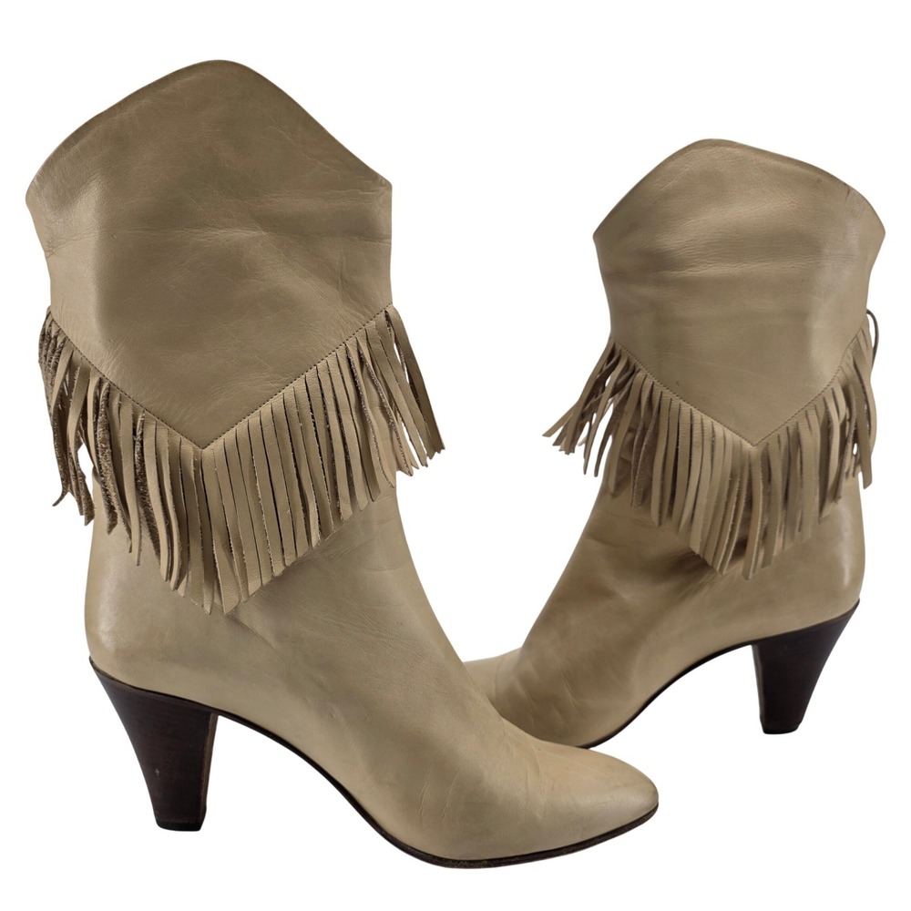 Vintage Casadei Boots 7 Cream Leather Fringe Western Italy 80s Boho Retro Cowboy